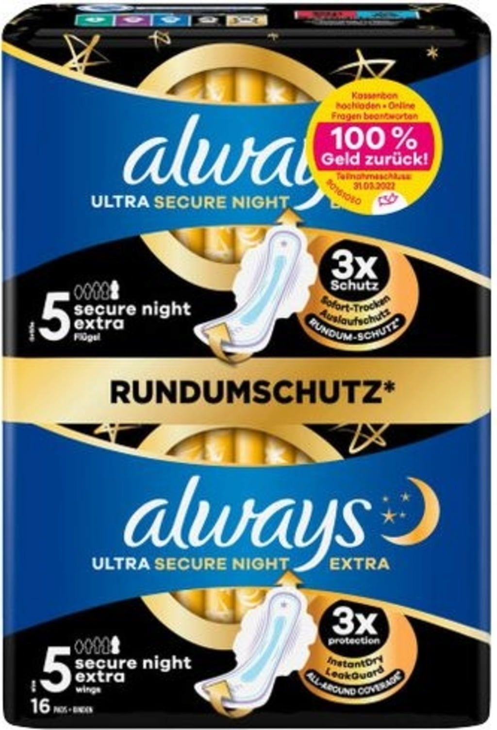 always Ultra Secure Night Extra Pads With Wings - Size 5, 16 Pcs